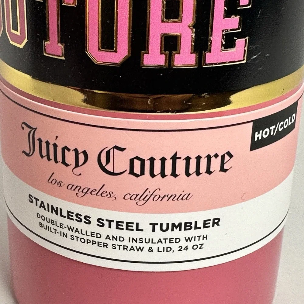 Juicy Couture Pink Black Gold Varsity Logo Stainless Steel Tumbler 24‎ Oz